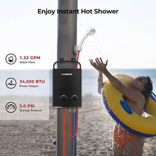 Camplux 5L 1.32 GPM Outdoor Portable Propane Tankless Water Heater - Black