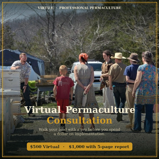 Group of people gathered around a person holding a clipboard, with text about on-site permaculture consultation.
